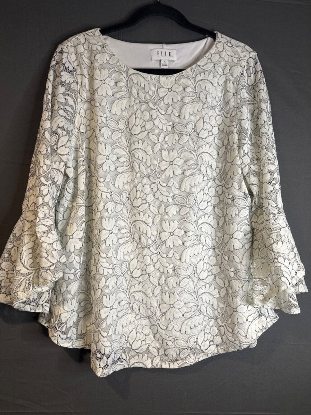 ELLE Womens XL Ivory Floral Lace Blouse Romantic Coquette Bell Sleeve Elegant